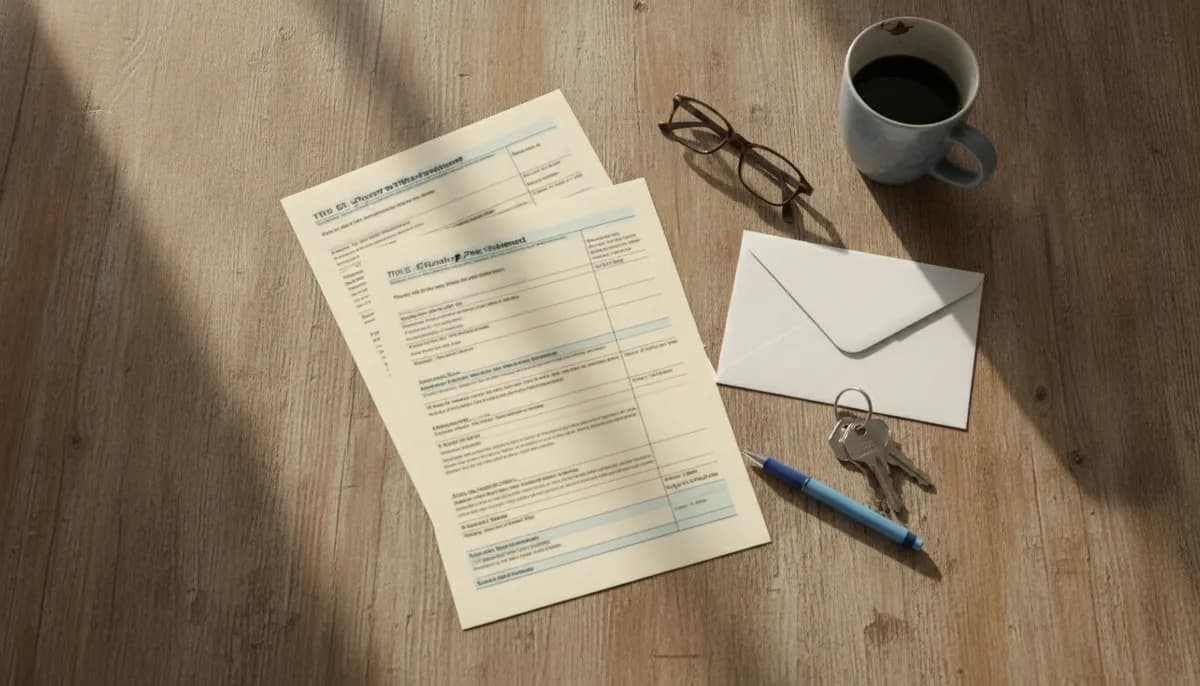 A county tax statement on a kitchen table beside a set of house keys