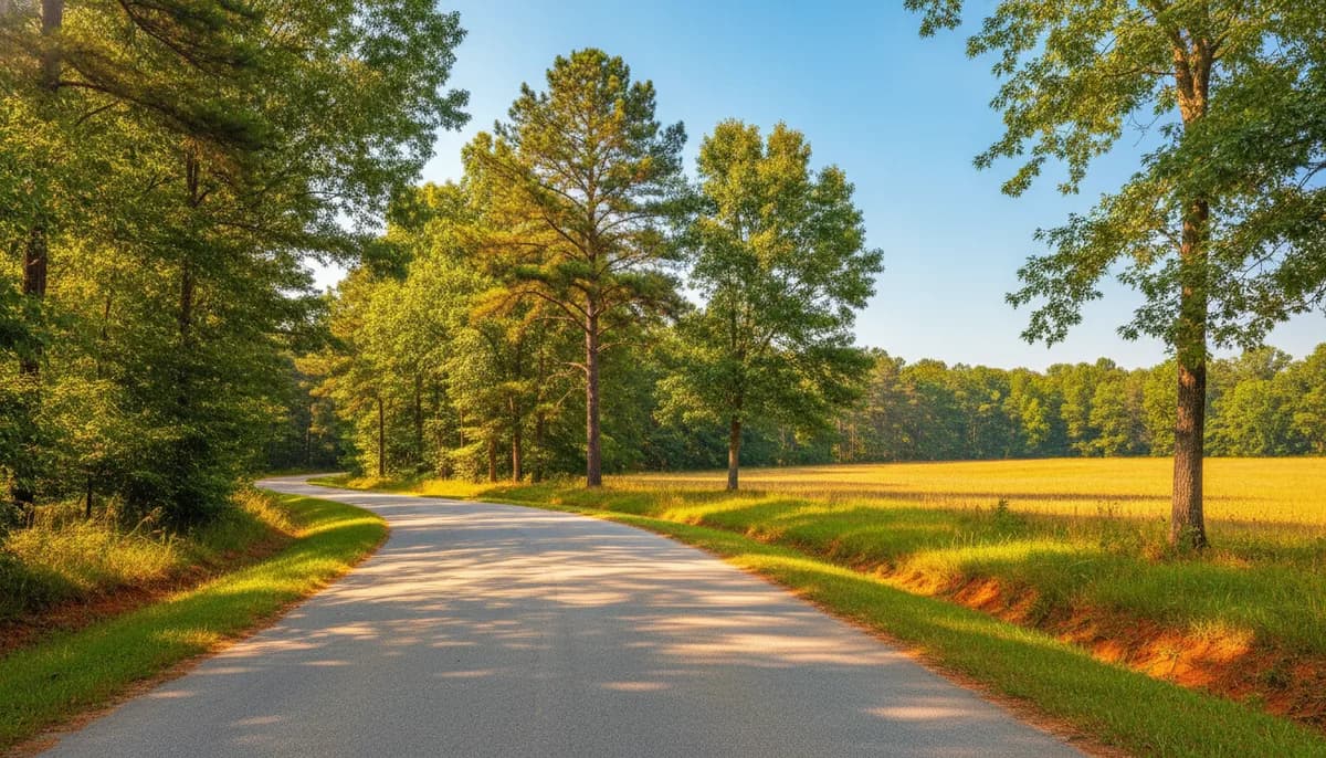 Rural road through wooded land in the Fredericksburg region of Virginia