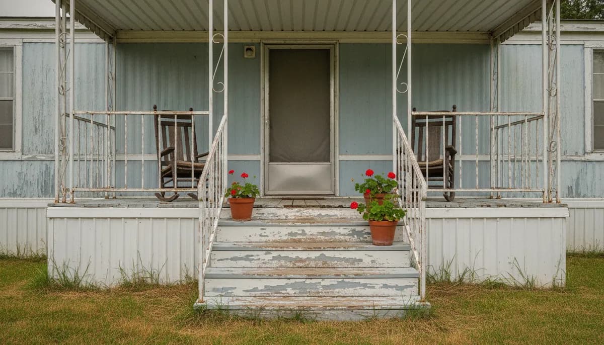 Front porch of an older manufactured home on a quiet Virginia lot