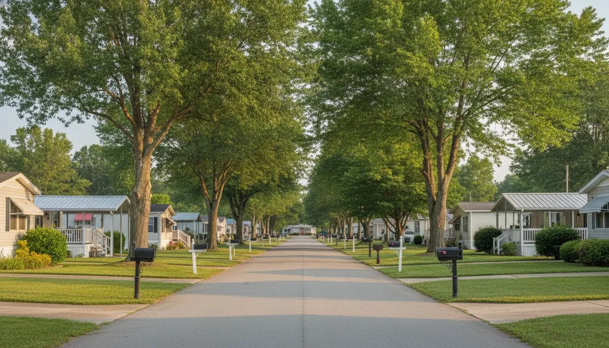 Tree-lined street of manufactured homes in a Virginia community